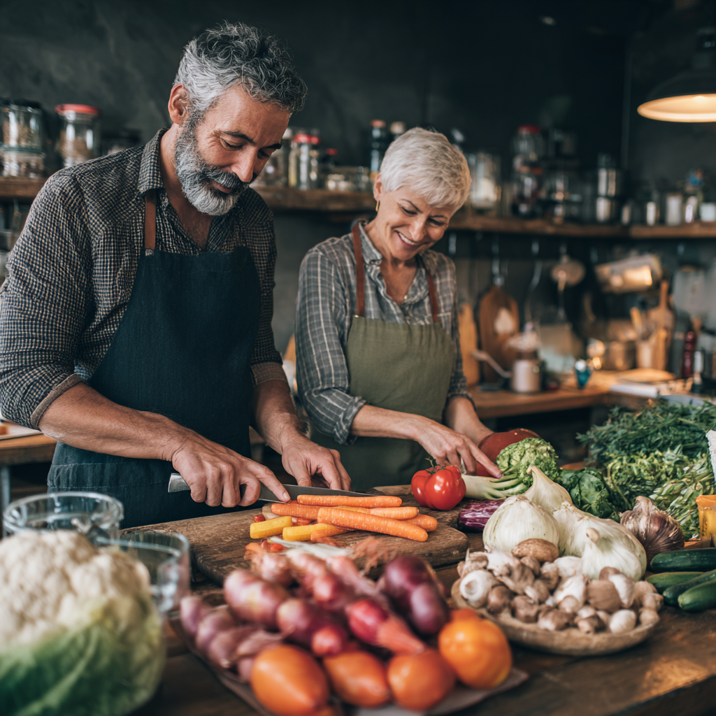 Middle-aged adults preparing nutritious heart-healthy meals in kitchen