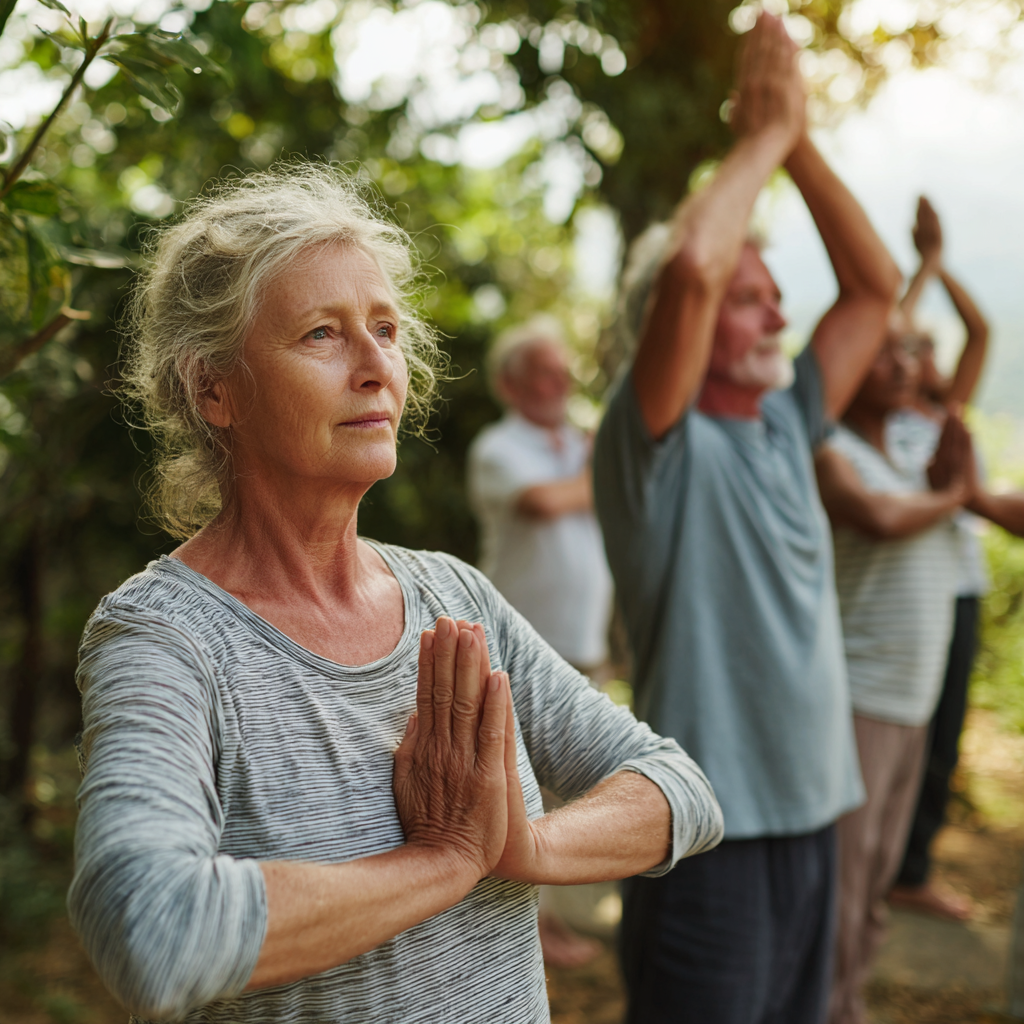 Older adults practicing gentle yoga exercises in natural outdoor setting